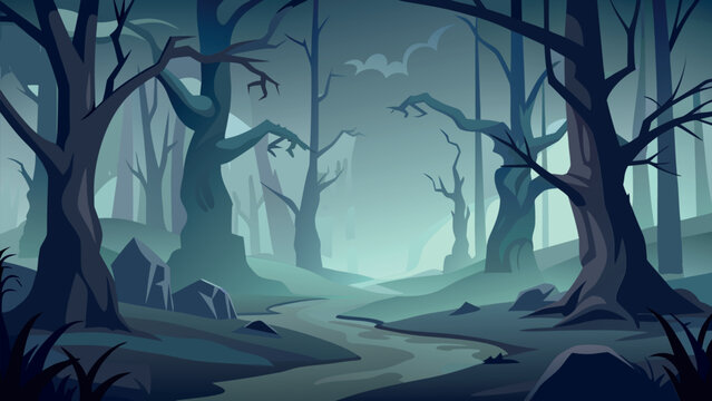 Spooky haunted forest landscape with gnarled trees, winding path, and eerie blue mist vector