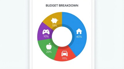 Digital finance Doughnut chart presents budget allocation percentages, pie, infographics, data visualization, spending categories, infographic, flat