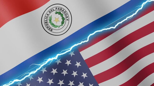 Two waving flags Paraguay and United States with diagonal lightning 4k loop
