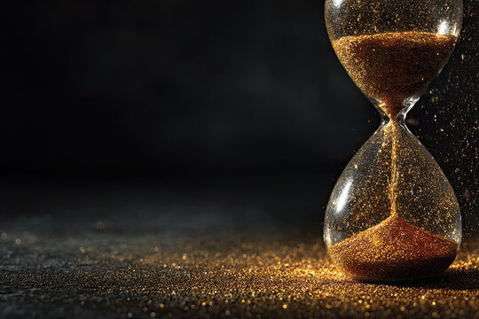 Hourglass with golden sand on black background illuminated by sunbeam. 