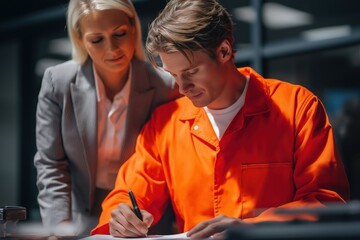 Lawyer Guiding Her Client in Signing a Legal Confession or Plea