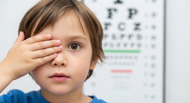 A young boy covers one eye while looking at an eye chart during an eye examination.