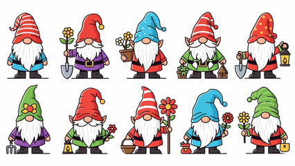 Fototapeta premium Cute Garden Gnomes with Flowers and Gardening Tools, Cartoon Characters Collection