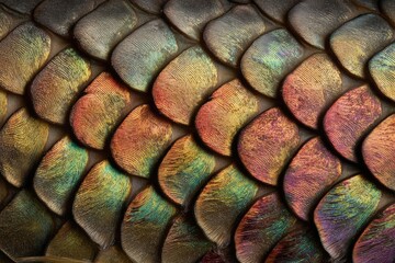 Obraz premium Close-up of colorful iridescent fish scales in overlapping rows. Concept Iridescent Fish Scales, Close-Up Macro, Overlapping Scale Texture, Colorful Marine Pattern