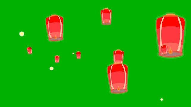 ​Flying Red Chinese Lanterns Animation on Green Screen. Traditional Paper Lampions Rising for Lunar New Year or Mid Autumn Festival.