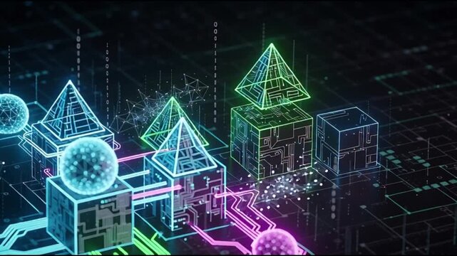 Futuristic digital landscape with glowing neon cubes and pyramids in a dark environment from an isometric viewpoint.