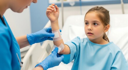 A nurse in blue scrubs and gloves applies a bandage to the arm of a young girl in a hospital gown sitting in a hospital bed.