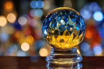 Faceted crystal ball on a glass stand, glowing blue and yellow against a colorful bokeh background. Concept Faceted crystal ball, Glass stand, Blue and yellow glow, Colorful bokeh, Magical glow