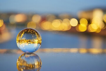 A glass marble on a reflective surface shows an inverted cityscape with golden bokeh lights in the background. Concept Glass marble reflections, Inverted cityscape, Golden bokeh lights