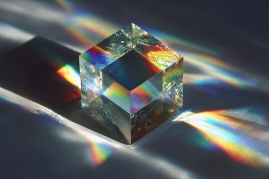 A clear glass cube refracts light into a spectrum of rainbow colors. Concept Glass Cube Refraction, Rainbow Spectrum, Prismatic Light, Light Play Photography, Clear Cube Art