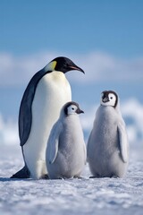 Fototapeta premium Emperor penguin with two fluffy chicks standing on the icy Antarctic terrain. Concept Emperor penguin with two fluffy chicks on Antarctic ice, Chick and parent in stark icy landscape