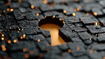 glowing keyhole on a vast, dark digital surface, with a shield icon visible through it, data privacy and secure access concept -