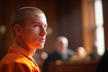 Young Male Defendant with a Buzz Cut in the Courtroom During His Trial