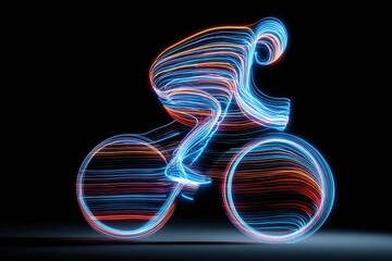 abstract cyclist formed from glowing light lines riding fast bicycle on black background dynamic motion visualizing speed time and acceleration concept of technology innovation performance