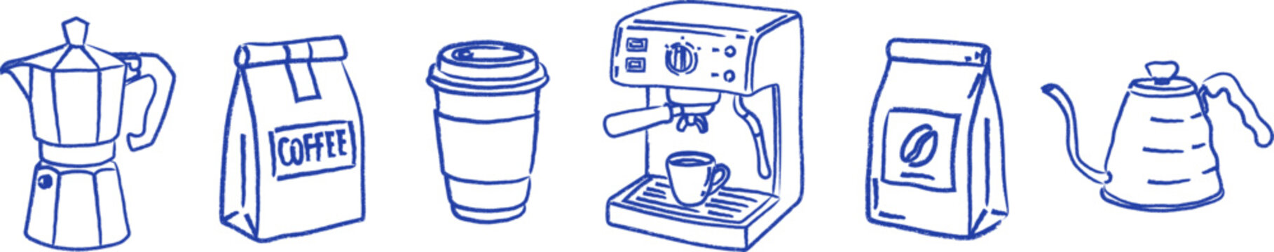 
Hand-drawn graffiti coffee utensils, using a charcoal drawing style, with minimalist line art illustrations suitable for menu design and coffee shop decoration.