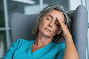 Exhausted Mature Female Nurse with Her Eyes Closed, Suffering from Burnout