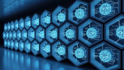 Futuristic hexagonal network nodes with glowing blue digital virus particles in cybersecurity grid