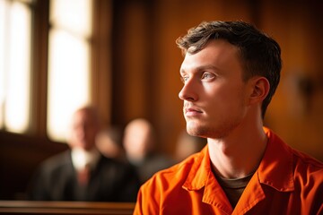 Young Male Defendant with an Intense Gaze in a Sunlit Courtroom