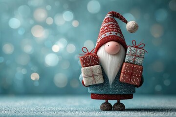 A festive gnome with a red knitted hat and white beard holds four wrapped gifts in front of a blue bokeh background. Concept Festive gnome with red knitted hat, White-bearded gnome
