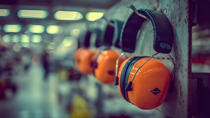 Bulk assortment of colorful, wired headphones. Pairs of safety earmuffs (hearing protectors) hanging in a row