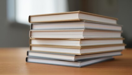 Stack of blank white hardcover books neatly arranged on wooden desk surface