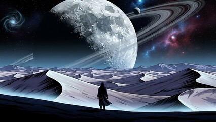 Person standing on distant planet landscape.