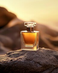Luxury Perfume bottle resting on a stone in nature. Generative Ai