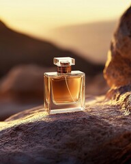 Luxury Perfume bottle resting on a stone in nature. Generative Ai