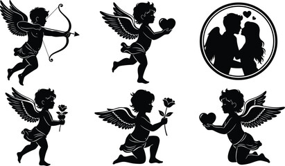 Romantic cupid silhouette icon set with angels, hearts and flowers, black and white vector illustrations for love themes