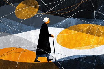Elderly Woman Walking with Cane in Abstract Expressionist Art Style.