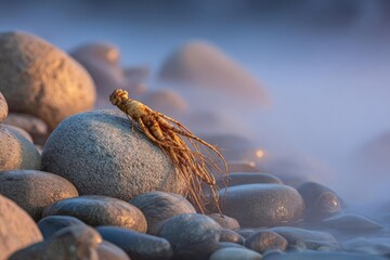 Dried root with long stringy tendrils resting on a smooth pebble at a misty beach. Concept Dried root, Stringy tendrils, Smooth pebble, Misty beach, Texture photography