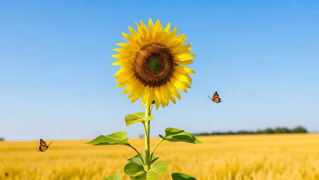 Vibrant Sunflower in Bloom with Butterflies in a Golden Field Under Clear Blue Sky