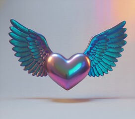 Iridescent holographic shiny heart, Iridescent holographic heart with metallic wings floating in space