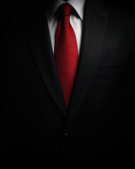 Black suit and red tie in dark ambience. Generative Ai
