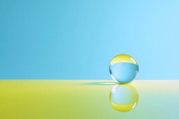 A glossy glass marble split into yellow and blue halves sits on a reflective yellow-green surface, with a bright blue background. Concept Glossy glass marble, Yellow and blue halves