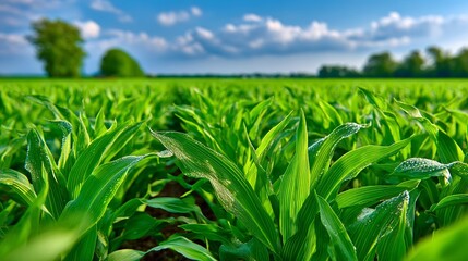 Fototapeta premium Green farming field under clear sky emphasizing natural crop vitality sustainable agriculture landscape