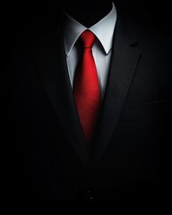 Black suit and red tie in dark ambience. Generative Ai