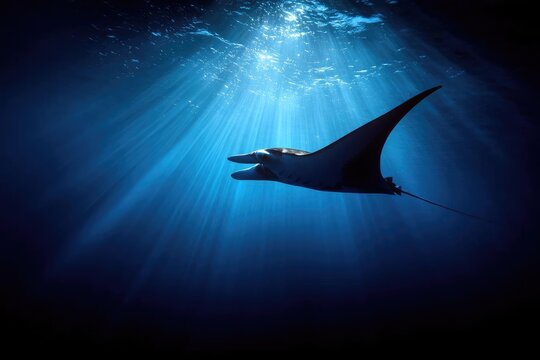 Manta ray gliding underwater in a deep blue ocean, sunlight streaming through the water. Concept Underwater Photography, Manta Ray, Deep Blue Ocean, Sunlight Filtering Through Water