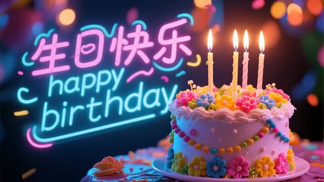 Happy birthday cake with candles and sweet dessert celebration illustration