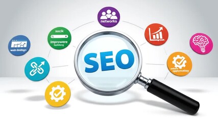 Magnifying glass focusing on the letters SEO surrounded by colorful circular icons representing various digital marketing concepts and strategies for online visibility.