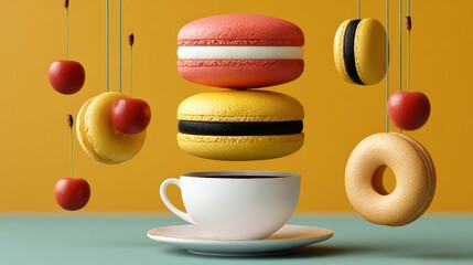 Colorful macarons and donuts suspended above a white coffee cup on a warm mustard yellow background, creating an inviting and playful atmosphere with copy space for design