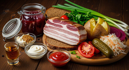 Lard, pickled vegetables, bread, tomatoes, onions on a wooden table.