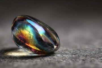 a rainbow-colored glass marble resting on a gray textured surface Concept Rainbow Glass Marble, Gray Textured Surface, Close-Up Macro Photography, Colorful Reflections and Refraction