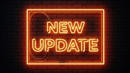 Glowing neon sign on brick wall with new update message