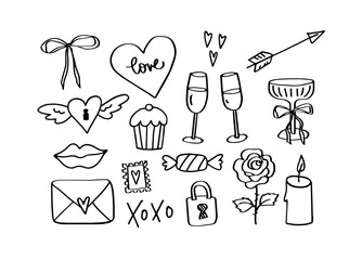 Hand Drawn Valentine Love Doodle Icons Set. Romantic Hearts, Champagne Glasses, Arrow, Rose, Candle and Sweet Symbols. Cute Sketch Vector Illustration Collection Isolated on White Background, Line Art