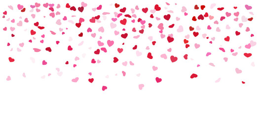 Floating Pink and Red Heart Confetti Isolated on White Background. Romantic Love Pattern with Falling Paper Hearts. Valentines Day, Birthday or Wedding Celebration Overlay, Festive Decor Vector Banner