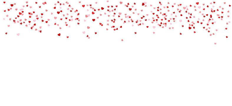 Heart shaped frame little Confetti. Red pink hearts isolated on background. Falling tinsel. Festive party decoration. Happy Valentines day, birthday, wedding celebration banner. Vector illustration