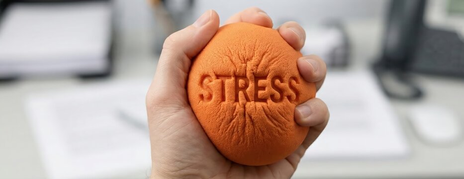 Adult hand squeezing orange stress ball with the word STRESS embossed, in an office environment, symbolizing relief and coping mechanisms