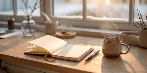 Cozy workspace with steaming coffee and open notebook by window