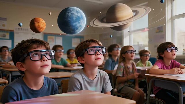 Children in classroom look at planets in space during science lesson at local school in afternoon session Generative AI